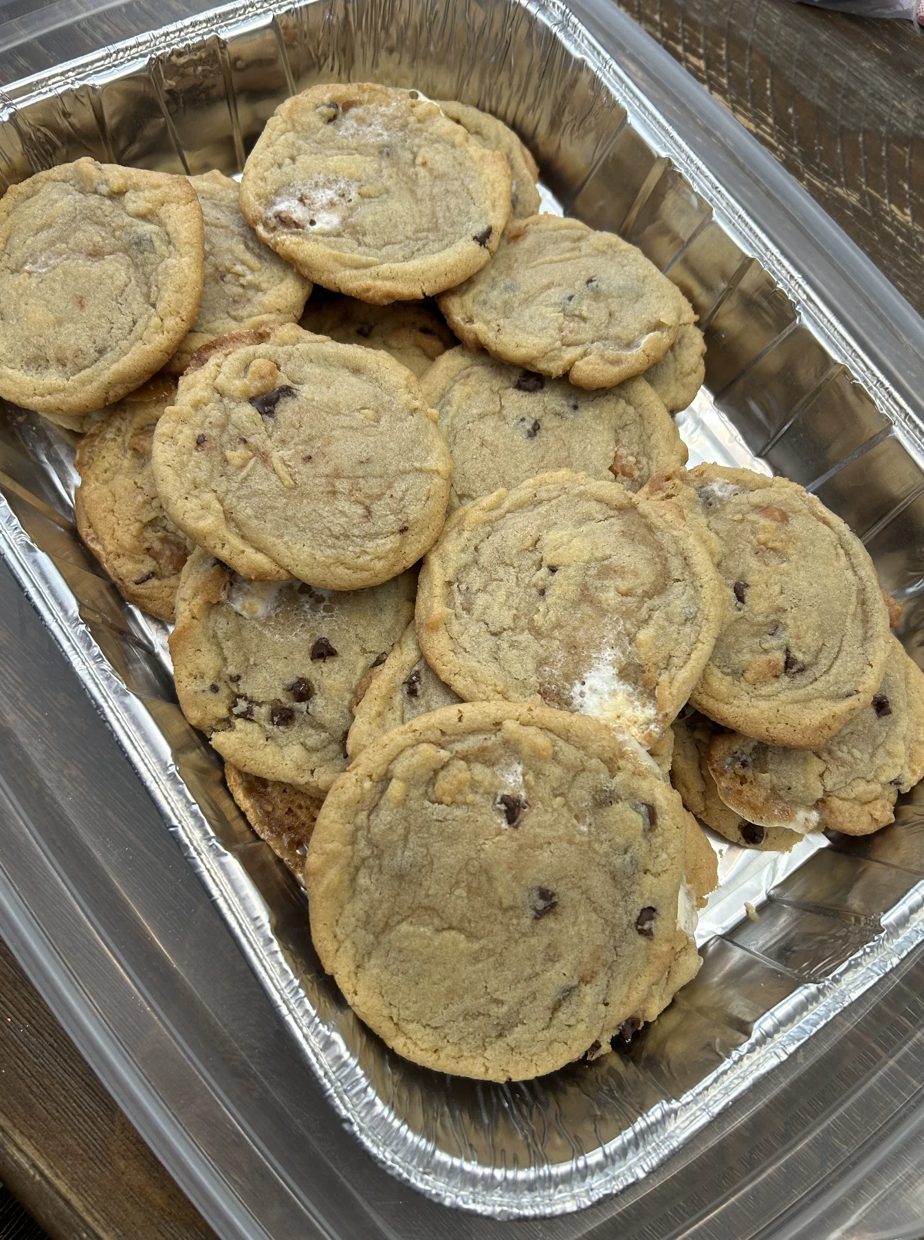 Tray of freshly baked Leo's Cookies with marshmallows and caramel chunks