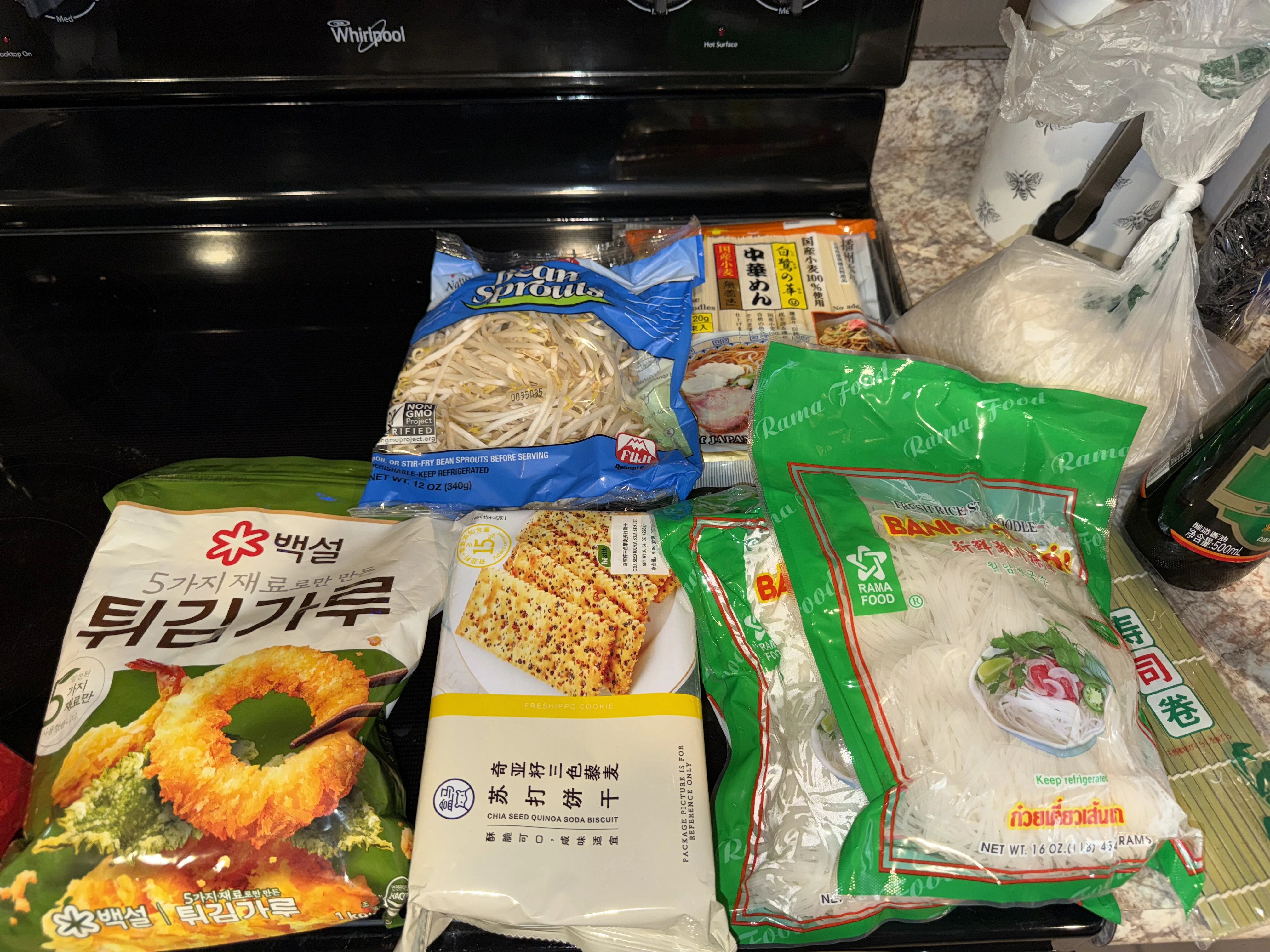 Hong Kong Market haul - tempura mix, bean sprouts, rice noodles, and rice flour