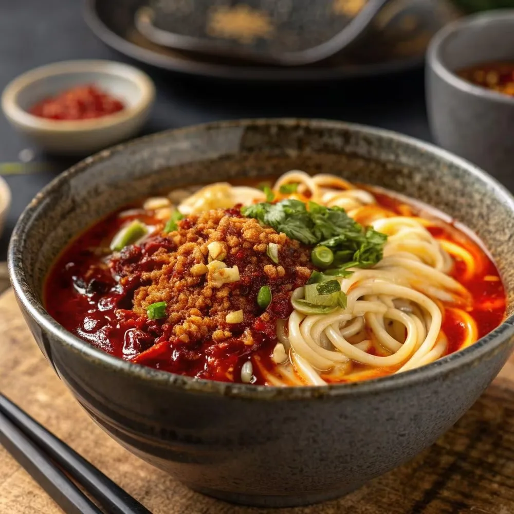 Bowl of dan dan-style hand-pulled noodles topped with a heaping spoonful of Lao Gan Ma chili crisp, ground meat, scallions, and cilantro