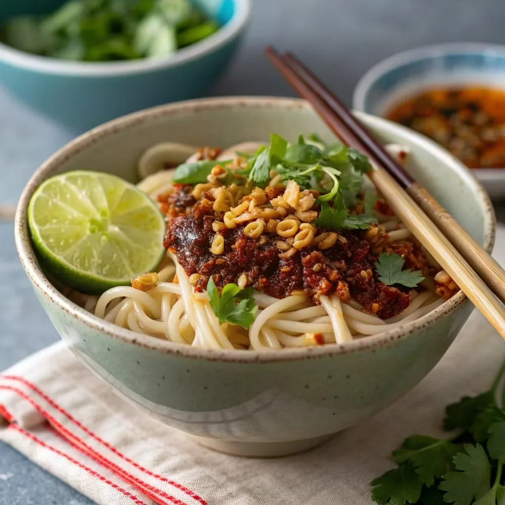 Bowl of noodles with Lao Gan Ma chili crisp, peanuts, lime, and cilantro