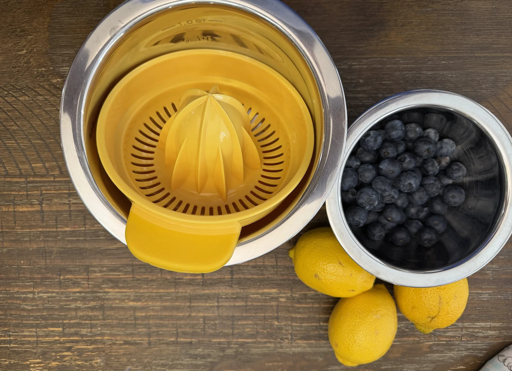 Fresh lemons and blueberries in bowls ready for prep