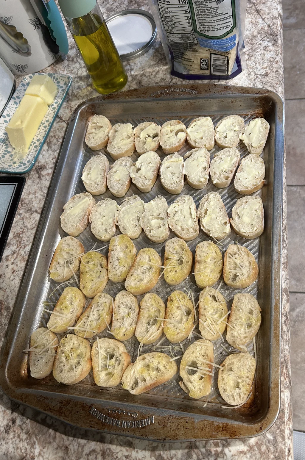 Sliced baguette ready for toasting