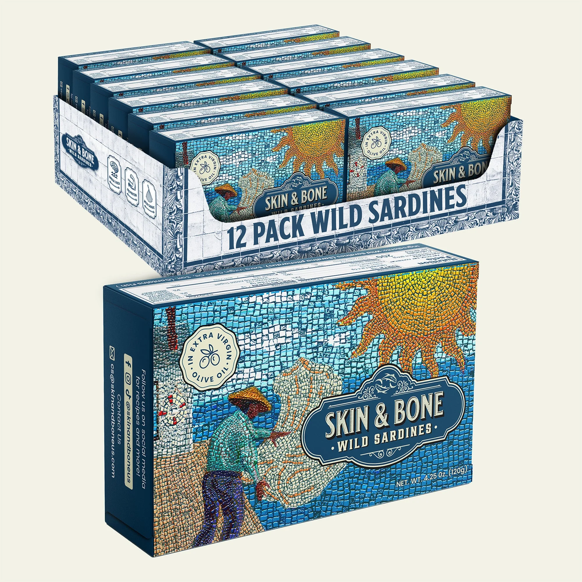 A 12-pack of Skin and Bone wild caught sardines arranged in two rows of six tins with a single tin standing in front