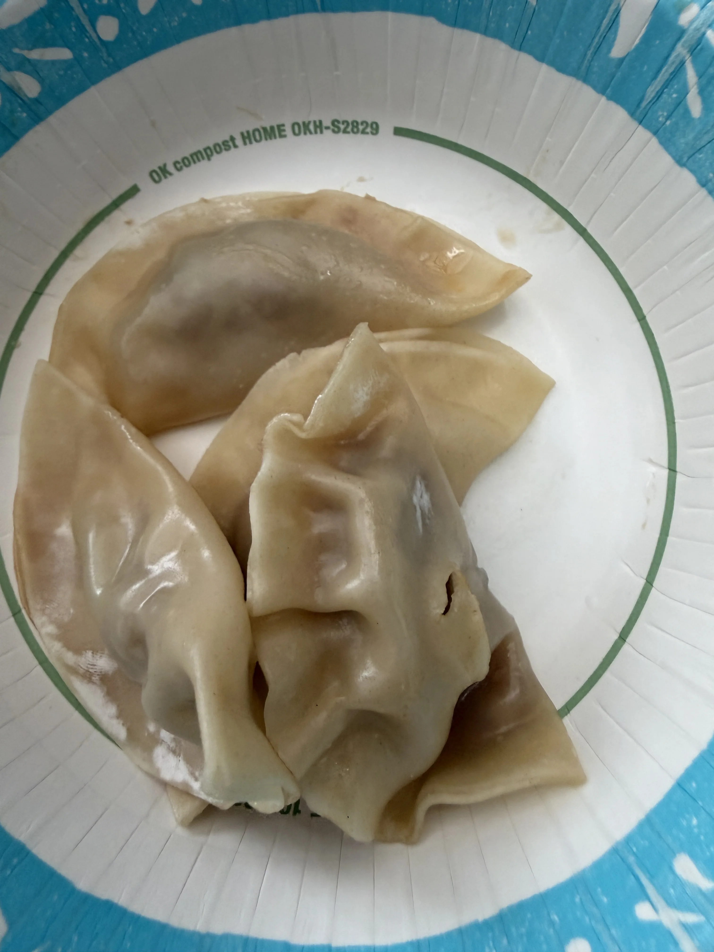 Three steamed pork and chive dumplings plated on a paper plate